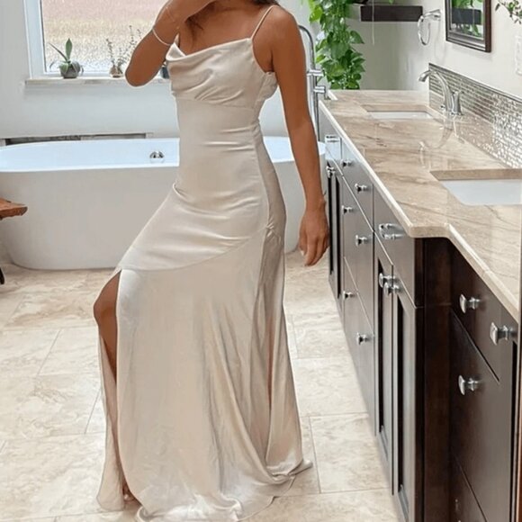 Lulus Moment in the Spotlight Champagne Satin Cowl Neck Maxi Dress - Picture 1 of 5